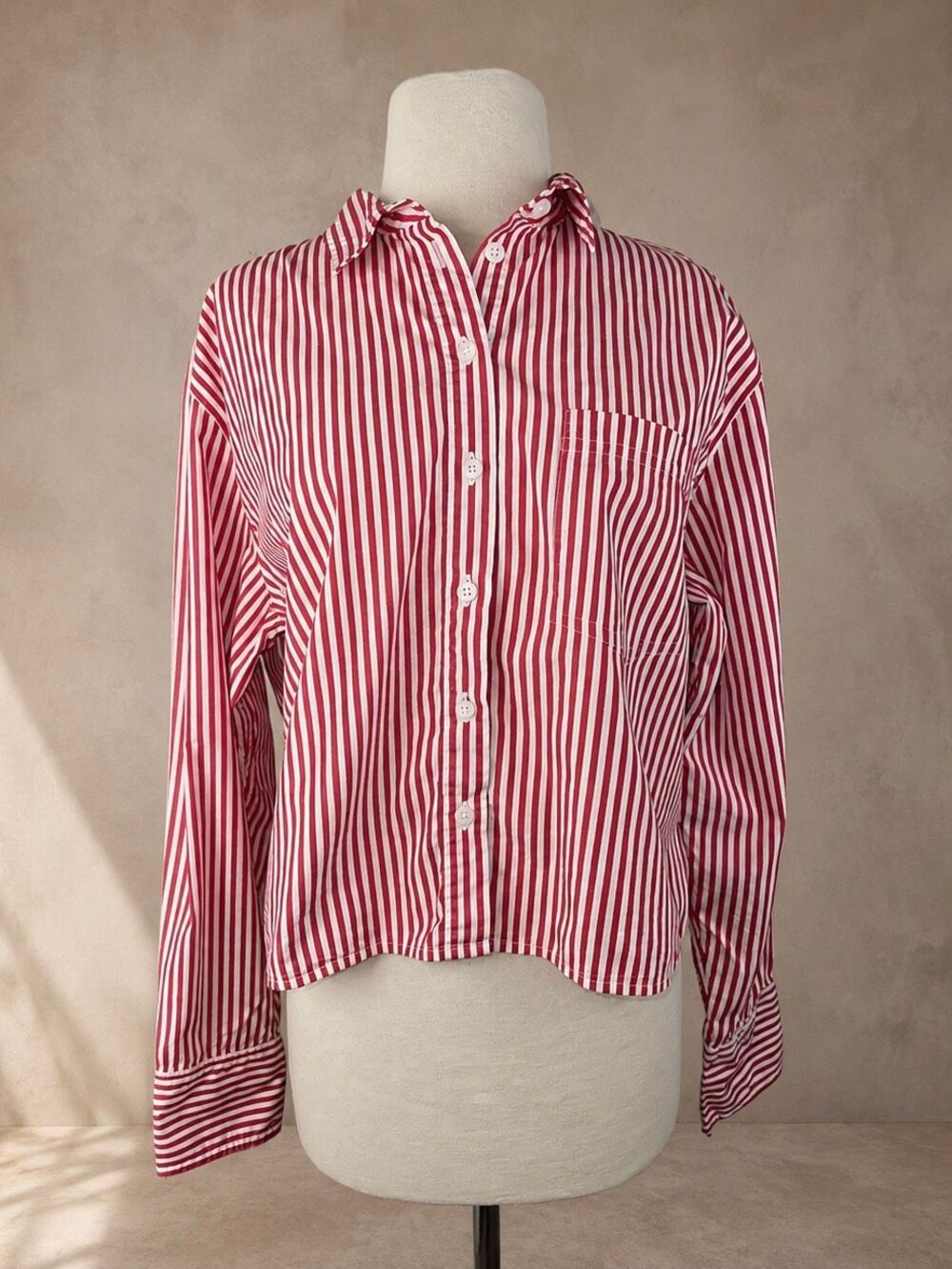 J.Crew Size 12 Cropped Button-Up Shirt Bartram Stripe Red White Cotton